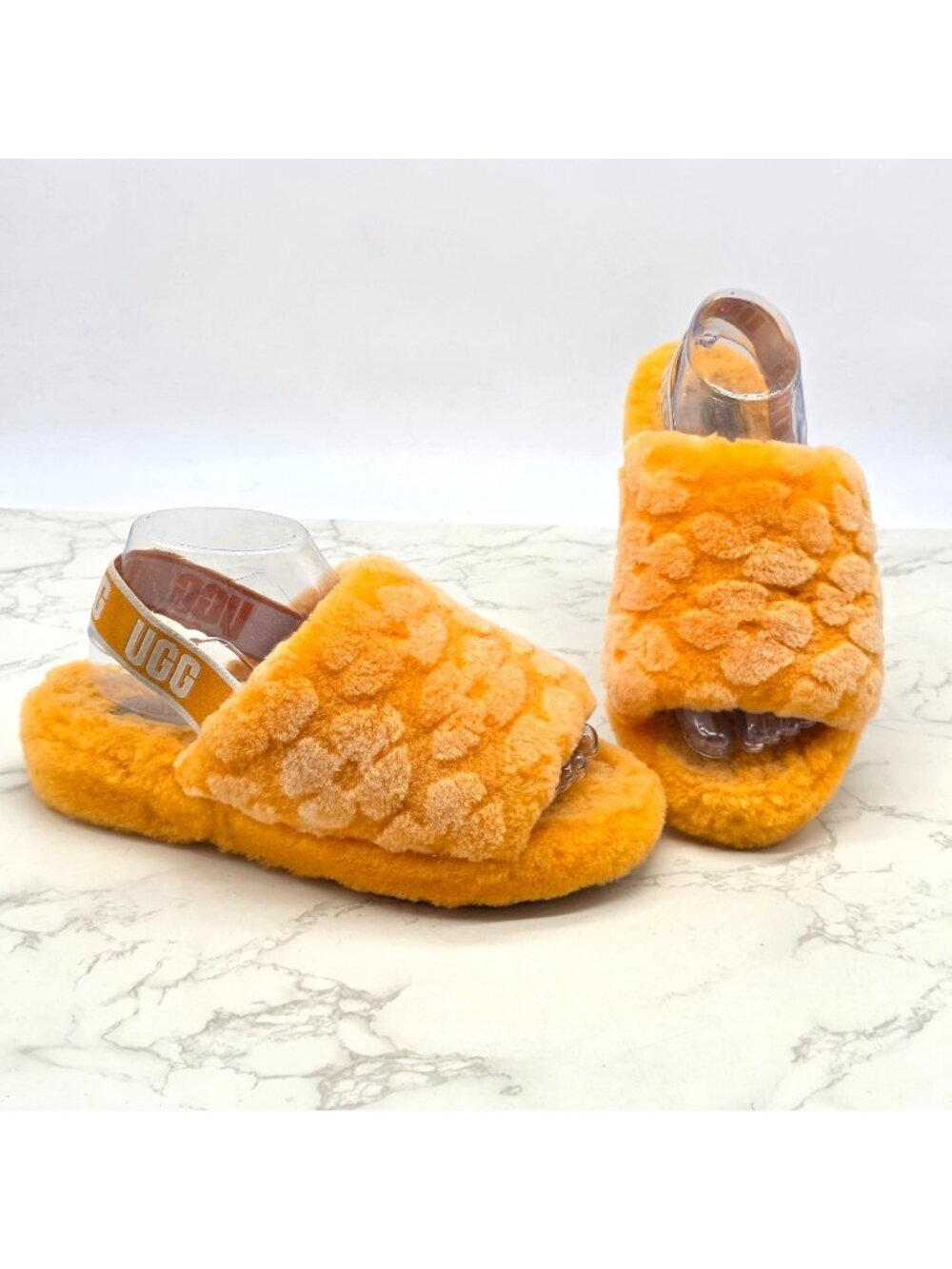 UGG Fluff Yeah Women’s Slide Slippers US 8 Orange Faux Fur Logo Strap Loungewear